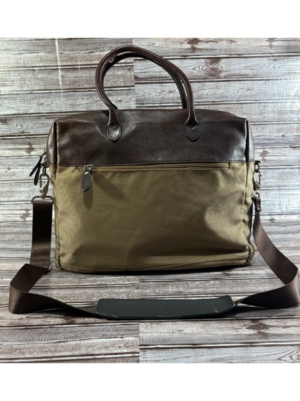 Polo Ralph Lauren Leather Canvas Heritage Logo Messenger Laptop Bag Brown Khaki - Picture 11 of 14